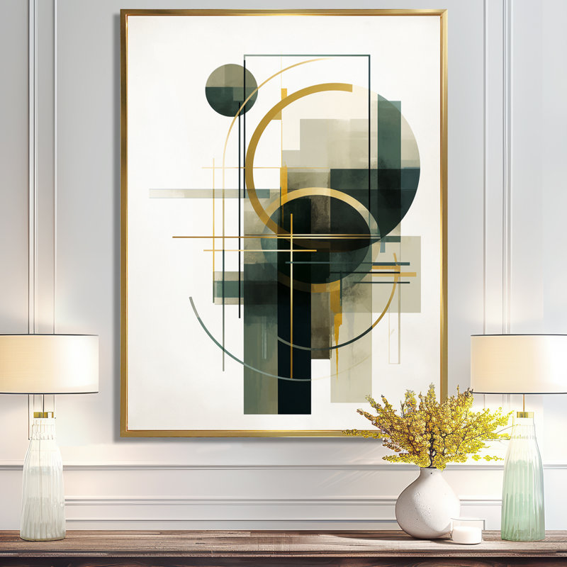 Emerald Gold Retro Geometrics - Minimalism Wall Art Living Room, Gold Floater Framed Canvas, 20" H x 12" W x 1" D