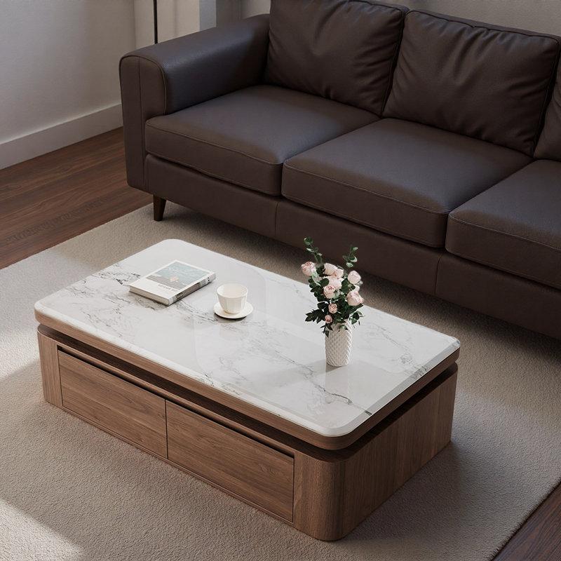 Table basse moderne en pierre micro-cristalline, H 19,7 po x l 51,1 po x P 31,5 po, Marron foncé, Blanc