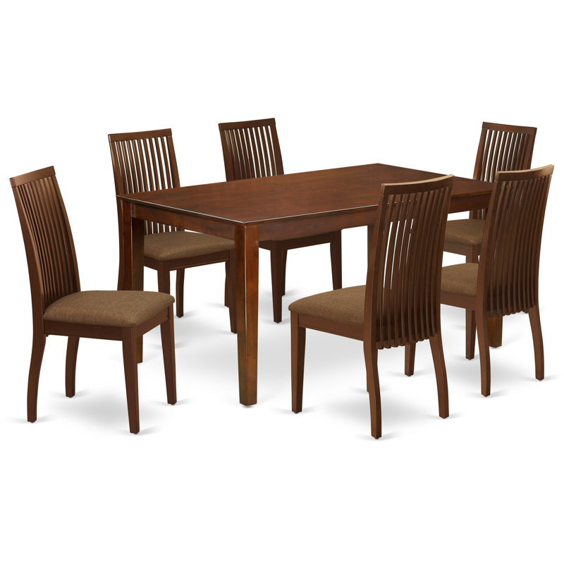 Ensemble de table de salle à manger 7 pièces composé d'une table de cuisine rectangulaire et de 6 chaises de salle à manger en tissu de lin, 36 x 60 pouces, acajou