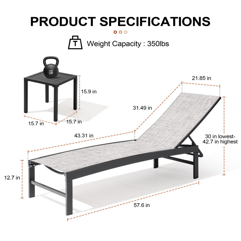 Patio Metal Reclining Chaise Lounge with Side Table, Earth