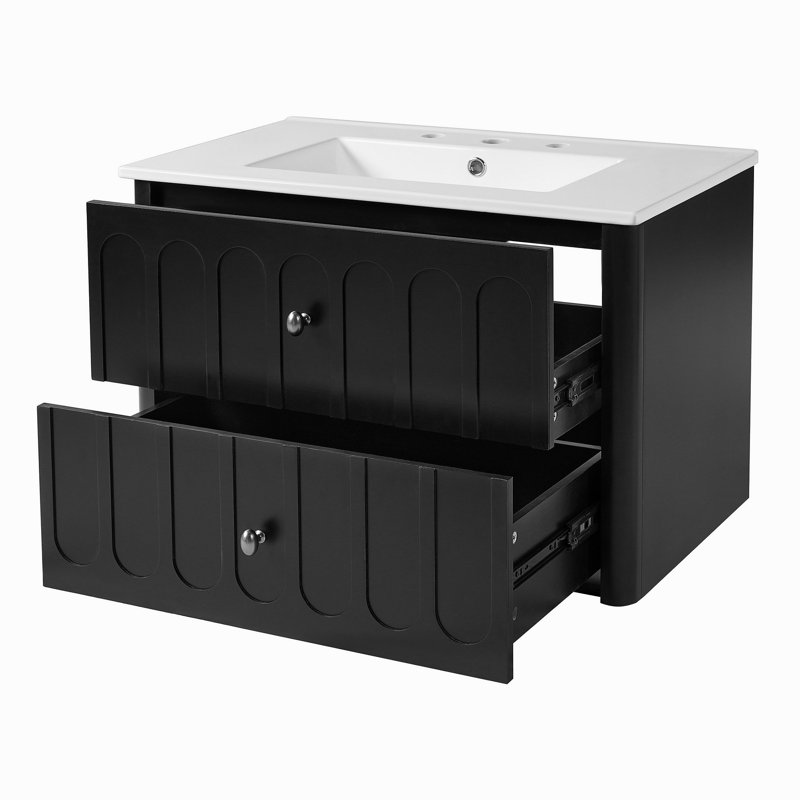 30" Modern Floating Bathroom Vanity with Oval Knobs & Round Edge, Soft-Close Drawer Slides, Bathroom Cabinet with Ceramic Sink