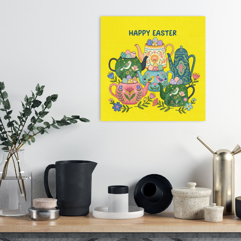 Joyeuses Pâques, théières, oiseau fantaisiste coloré, printemps, impression murale, 18" H x 18" W