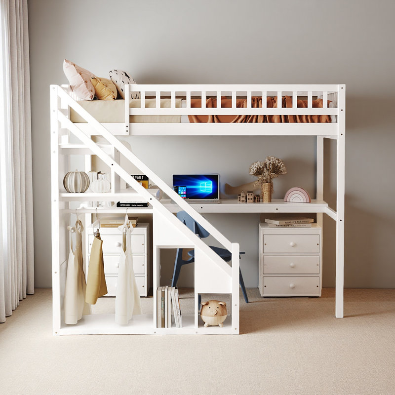 Lit mezzanine avec deux commodes, bureau et bande lumineuse, Lit simple, Blanc
