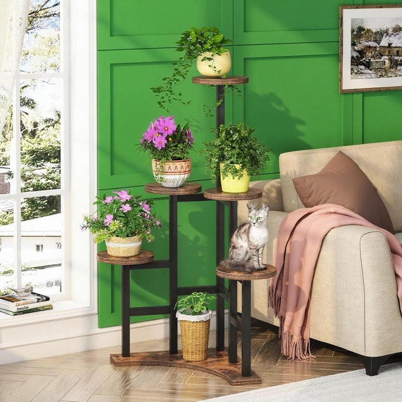 Support pour plante ronde à plusieurs niveaux, support de pot de fleur de coin intérieur et extérieur à finition grain de bois pour patio Balcon