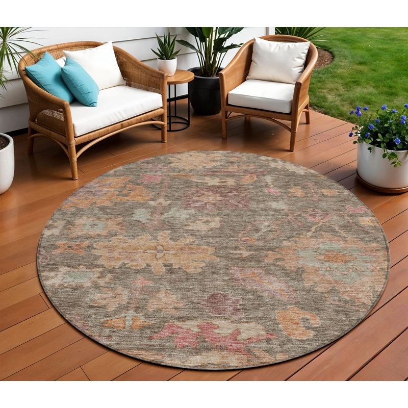 Tapis d'intérieur rond lavable floral brun clair et terre cuite 8 pi 8 po