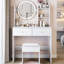 Table de coiffeuse: miroir rond à DEL de 17 po, éclairage réglable à 3 couleurs, tabouret moelleux, grand rangement à plusieurs couches, conception américaine, fabrication blanche, luminosité, rangement confortable pour les petits espaces, style,
