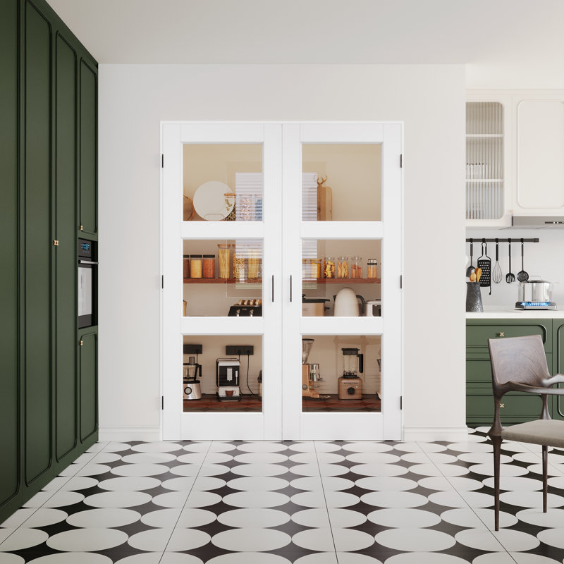 80"H 3-Lite Clear Glass White Primed Interior French Doors With Black Ball Catch And Installation Hardware Kit /Handles