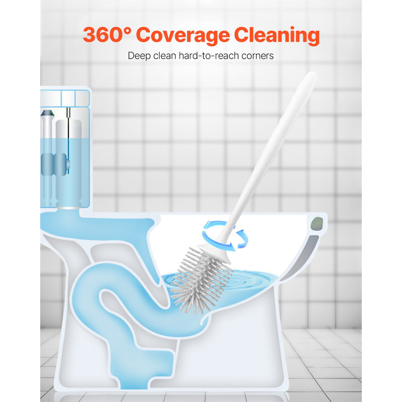 Ensemble de brosse et support de toilette, brosse de toilette et support avec poignée en PP confortable, autolaveuse compacte, nettoyage en profondeur et anti-goutte, pour salle de bain, véhicule récréatif et toilettes (blanc et gris)