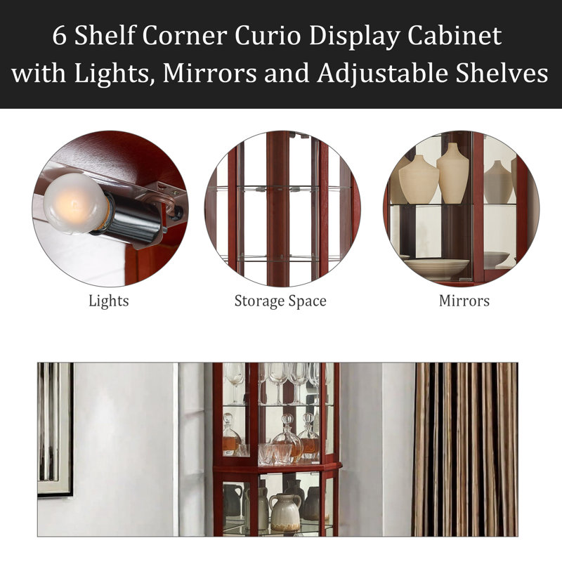 6 Shelf Corner Curio Display Cabinet With Lights, Mirrors And Adjustable Shelves(E26 Light Bulb Not Included), Cherry