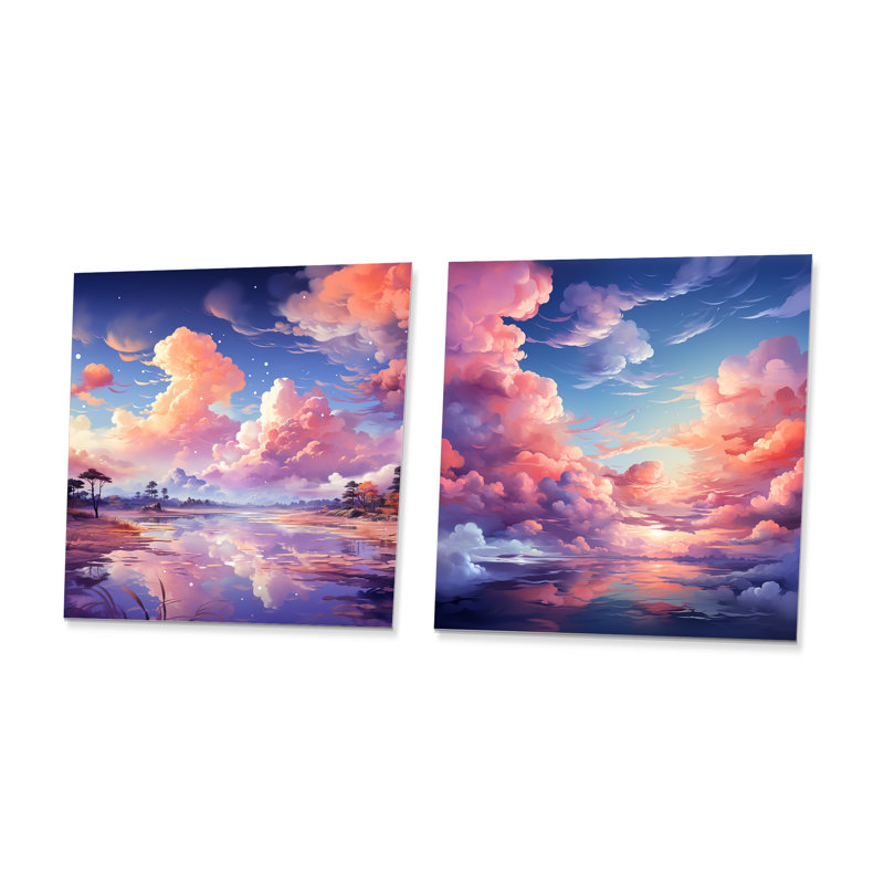 «Pink and Blue Calm Aquarelle Sky I» - Ensemble de 2 décorations murales en métal, H 36 po x l 72 po