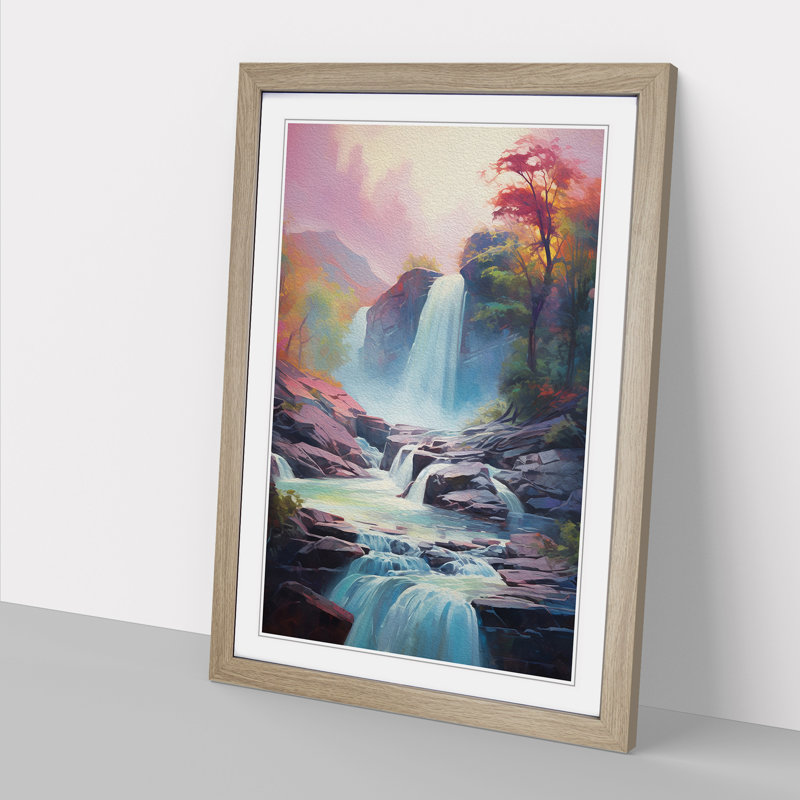 XYZ-FRM-V1223-6433 Waterfall Impressionism - Single Picture Frame Print on Wood, 64cm H x 46cm W x 2cm D, Oak 