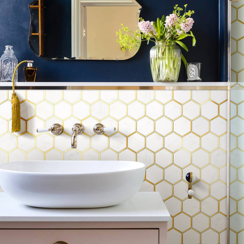 Natural Bianco 3" x 3" Marble Honeycomb Mosaic Wall Tile, White/Gold
