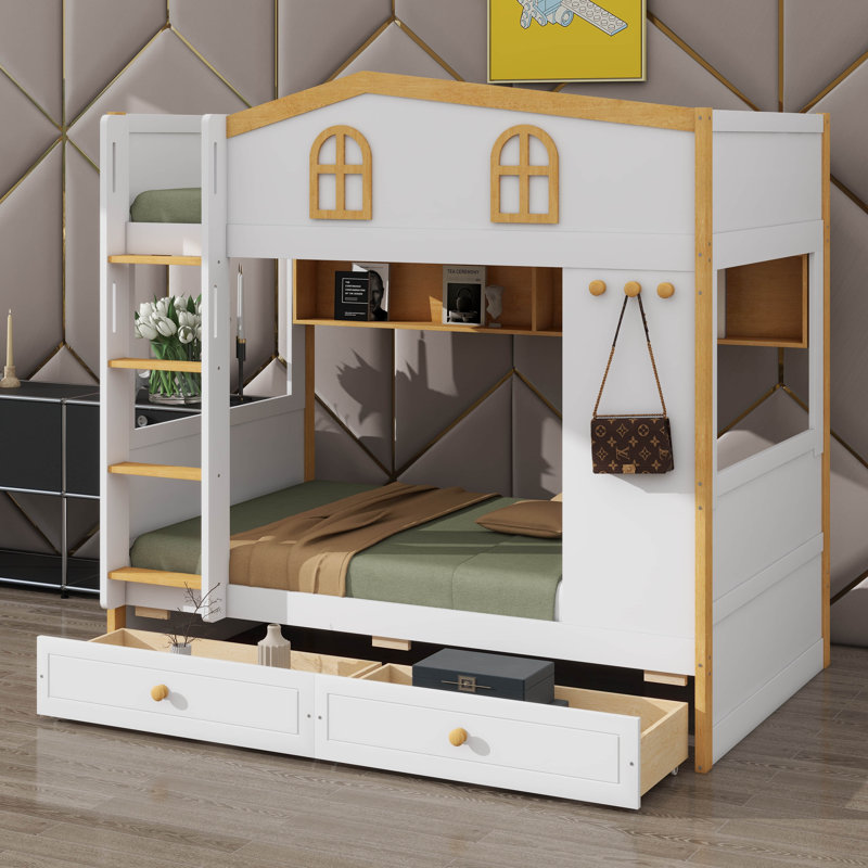 Playhouse-Style Bunk Bed With Drawers, Wooden Bunk Bed With Built-In Storage Racks And Ladder For Play, Twin Over Twin
