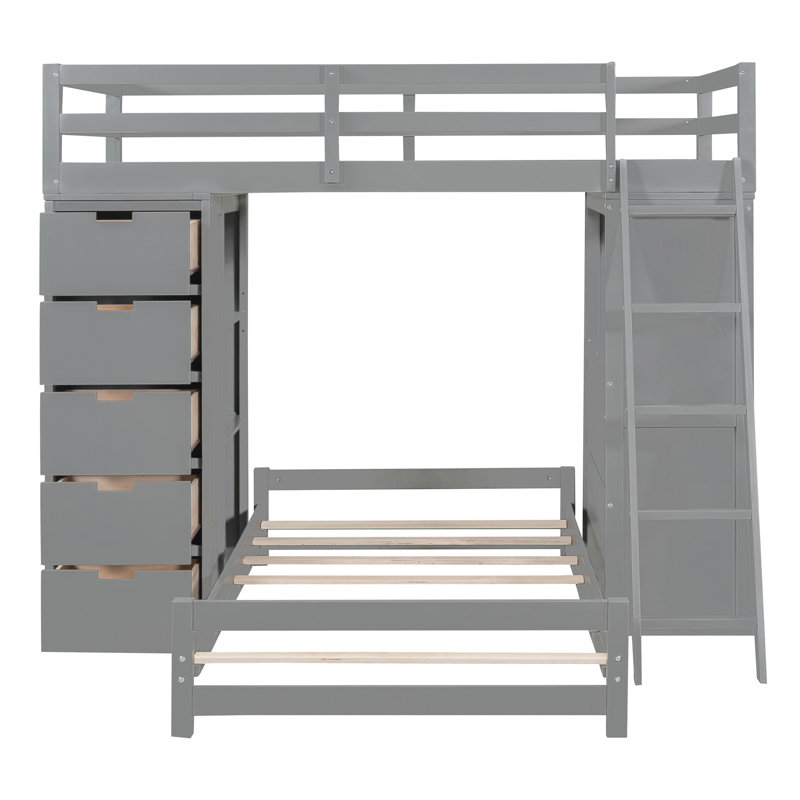 Jalayha Twin Over Twin L Shape Bunk Bed with Desk, Storage Drawers, Bookcase and Outlets, Gray