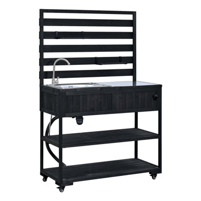 41.7 Inch Large Rolling Outdoor Kitchen Island With Sink, Solid Wood Patio Cart With Stainless Steel Top, 2 Movable Shelves And Built-In Bottle Opener, Black