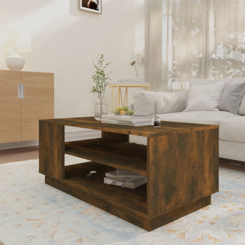 Table basse simple avec cadre en bois manufacturé avec rangement, Chêne fumé