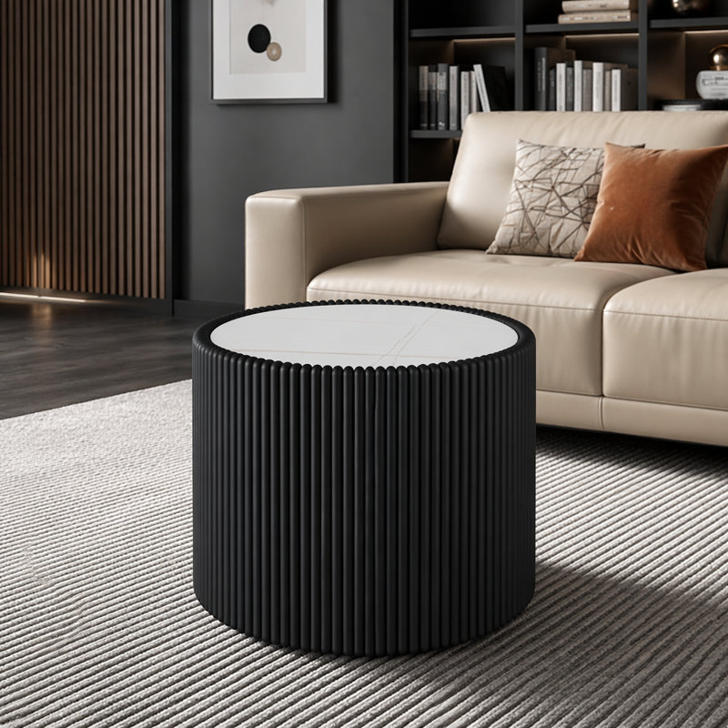 Table de canapé moderne en marbre clair avec dessus en cuir cylindrique pour meubles de salon, Noir