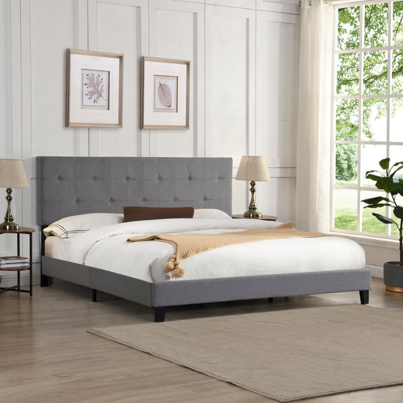 Structure de lit tapissier gris très grand, tête de lit à boutons, sommier sans sommier, base à lattes de bois, assemblage facile, 80 po Produit Largeur du lit, support, paquet de 25,4
