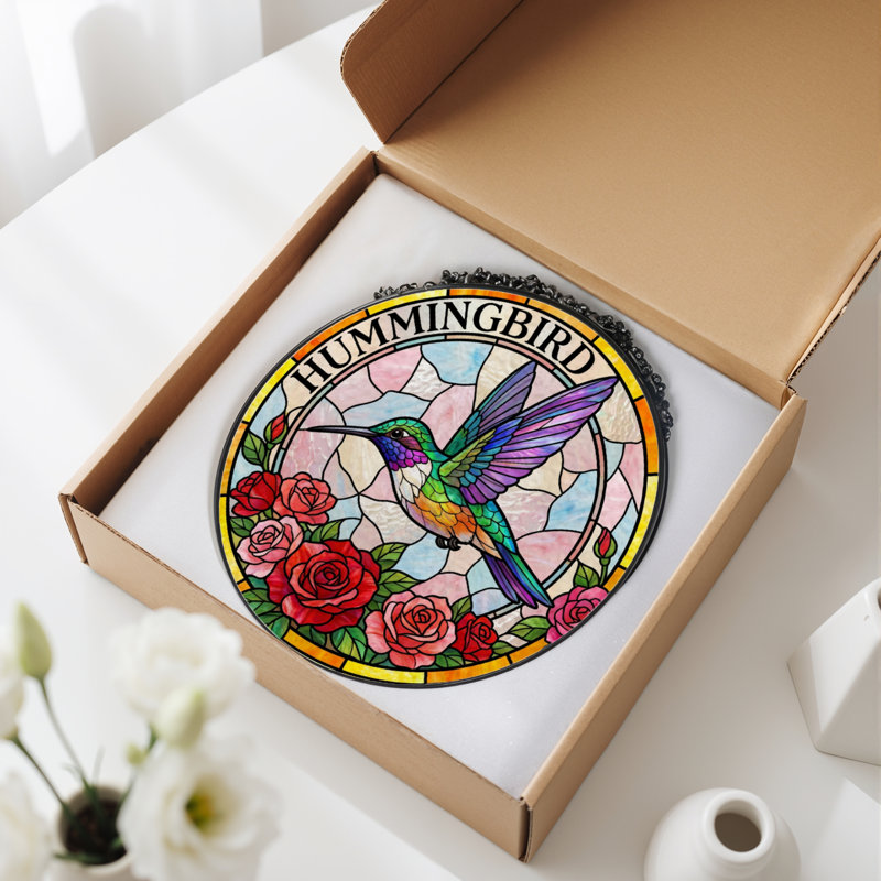 Vitrail de vitrail Hummingbird Roses 7,8 po, H 7,8 po x l 7,8 po
