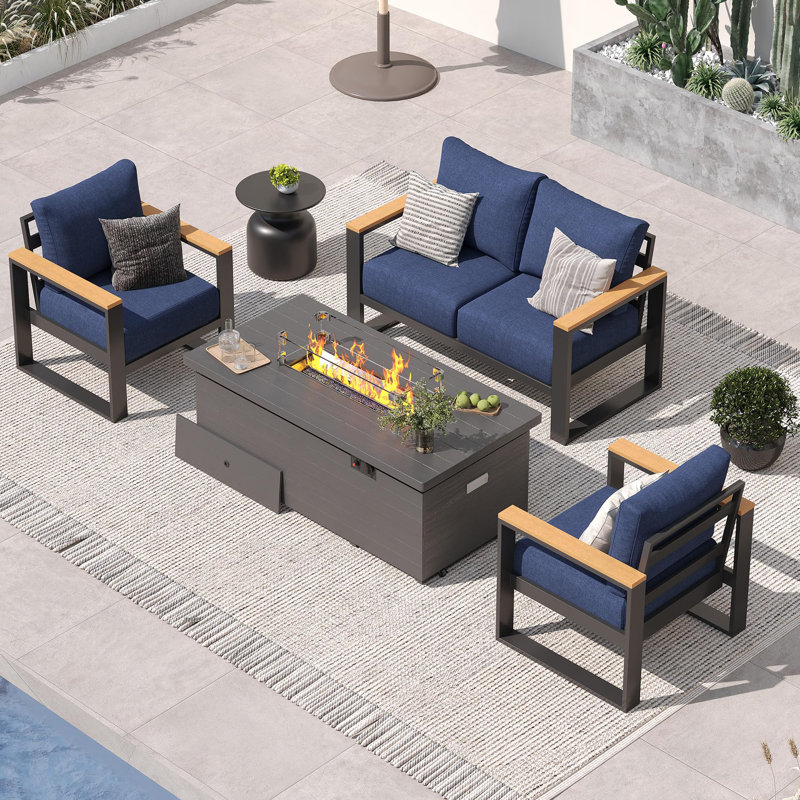4-Person Aluminum Patio Furniture Set With 50000 Btu Fire Pit Table, Modern Patio Conversation Set With 6'' Olefin Cushions For Balcony, Porch, Backyard