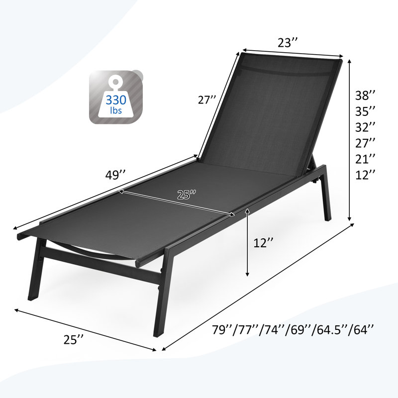 Chaise longue de patio 2 pièces Patiojoy avec dossier réglable à 6 positions et tissu respirant, Noir