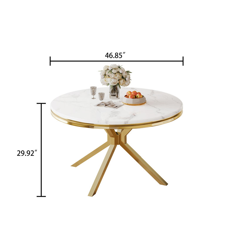 Round Unfinished Marble Top Metal Base Dining Table, White, Gold