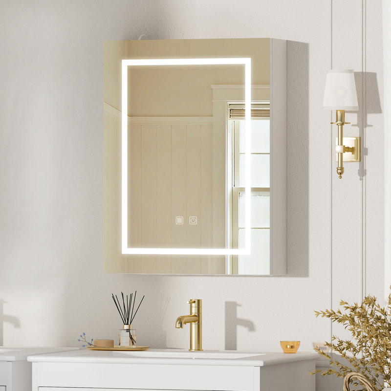Armoire à pharmacie sans cadre à fixation en surface avec miroir et 2 tablettes et éclairage DEL Cormarion, Blanc