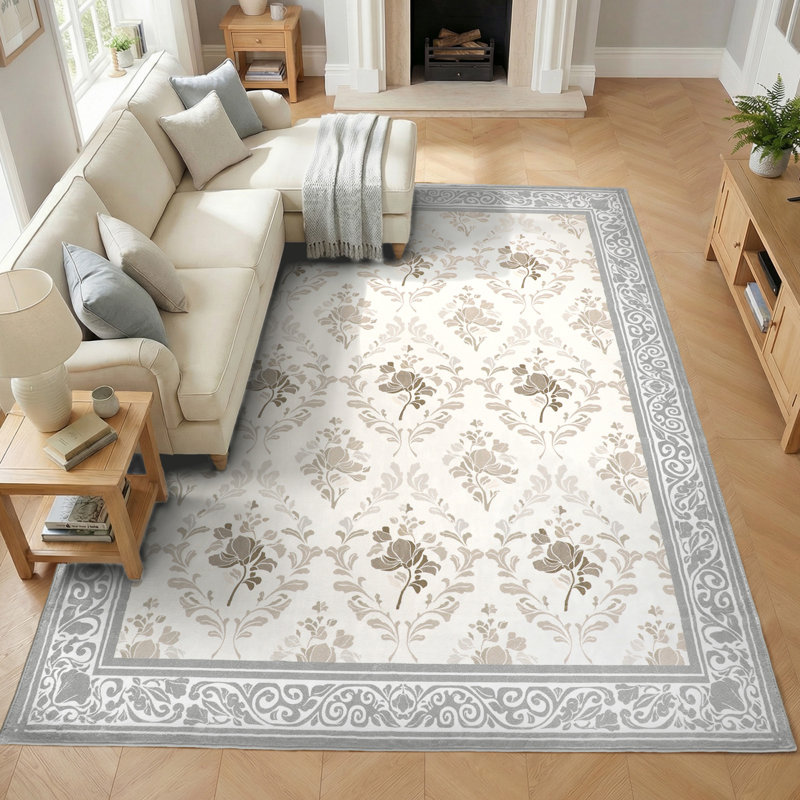 Tapis intérieur antidérapant 8 pi x 10 pi avec motif floral lavable à la machine, taupe, Taupe, Rectangulaire 8 pi x 10 pi