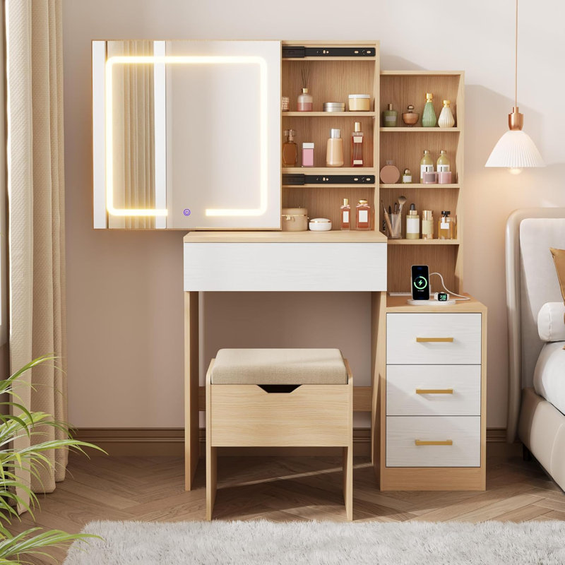 Senfot Vanity Desk With Sliding Mirror And Lights, Modern Makeup Vanity Table With 4 Drawers And 7 Storage Shelves, Dressing Table With Stool And Charging Station, 3 Lighting Modes, For Bedroom