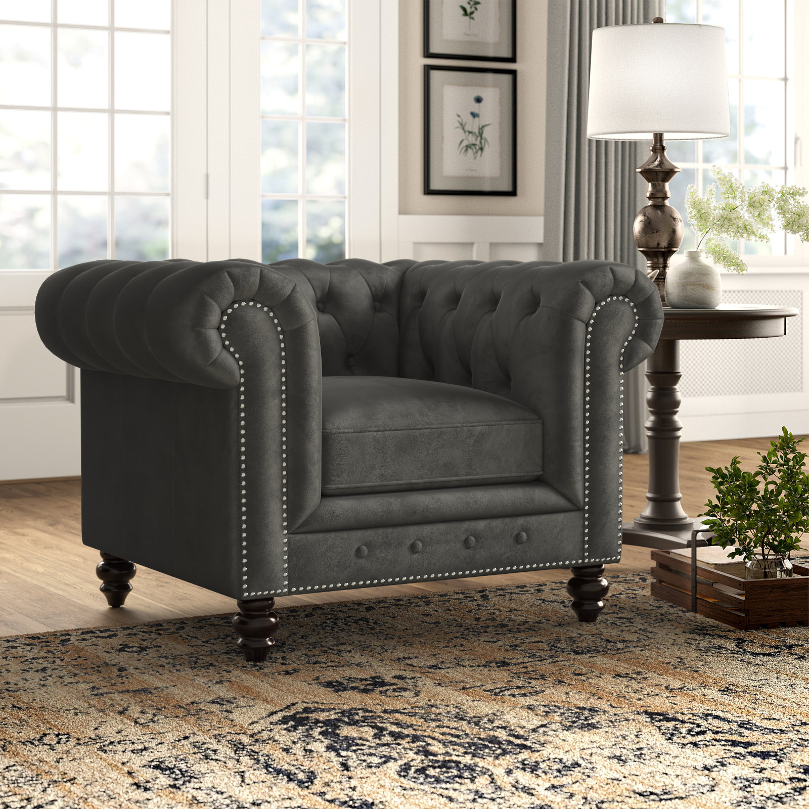 Ophelie Upholstered Chesterfield Chair, Smoke Grey Velvet