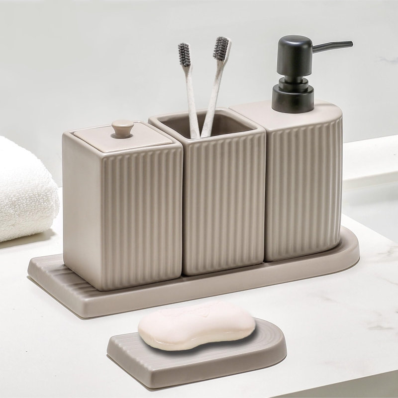 Ensemble d'accessoires de salle de bain - Porte-brosse à dents en céramique, distributeur de lotion / savon, tasse, porte-savon, porte-coton-tige