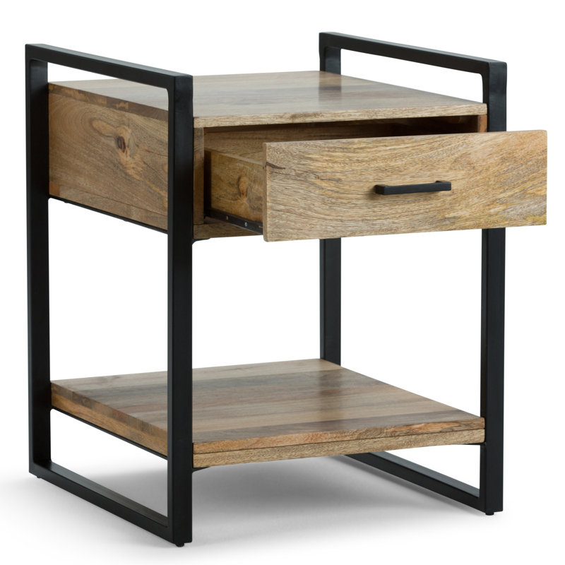 Riverside Black Metal and Natural Wood 20" Industrial Side Table with Storage