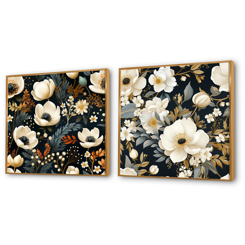 Enes - ensemble de 2 impressions murales florales, Encadrement doré, H 30 po x l 61 po x P 1 po