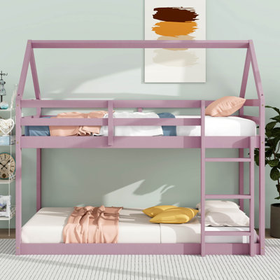Twin Over Twin House-Shaped Floor Bunk Bed, With Ladder,Guardrails