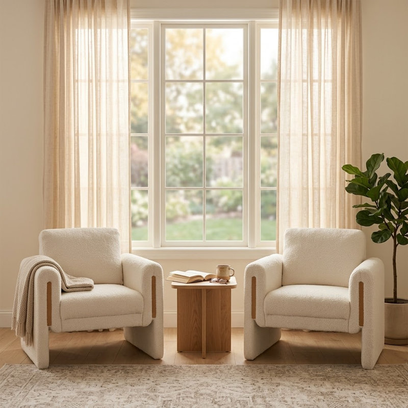 35" Wide Modern Bouclé Upholstered Armchair With Track Arms And Enclosed Base(Set Of 2), White