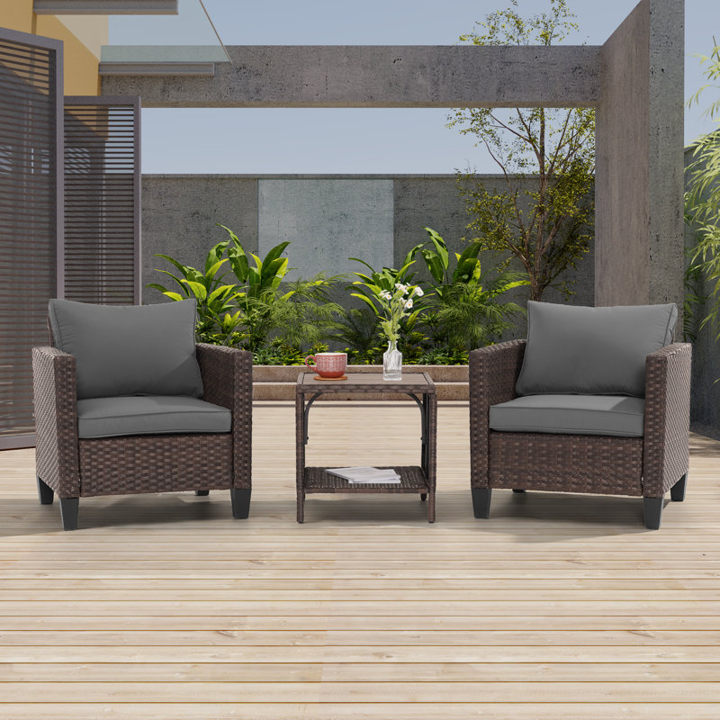 3 Piece Patio Conversation Set with Cushion, Brown, Gray
