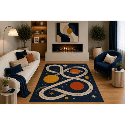Tapis ultra-léger 5 pi x 7 pi «Ultra Léger» bleu marine, orange, beige, planète, orbite, conception céleste pour chambre d'enfant