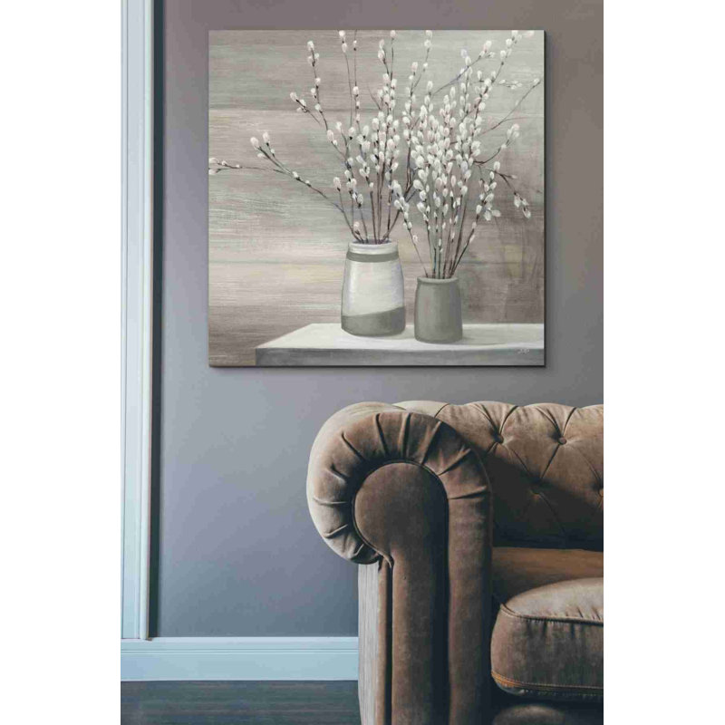 «Pussy Willow Still Life Grey Pots» par Julia Purinton, art mural sur toile, H 37 po x l 37 po