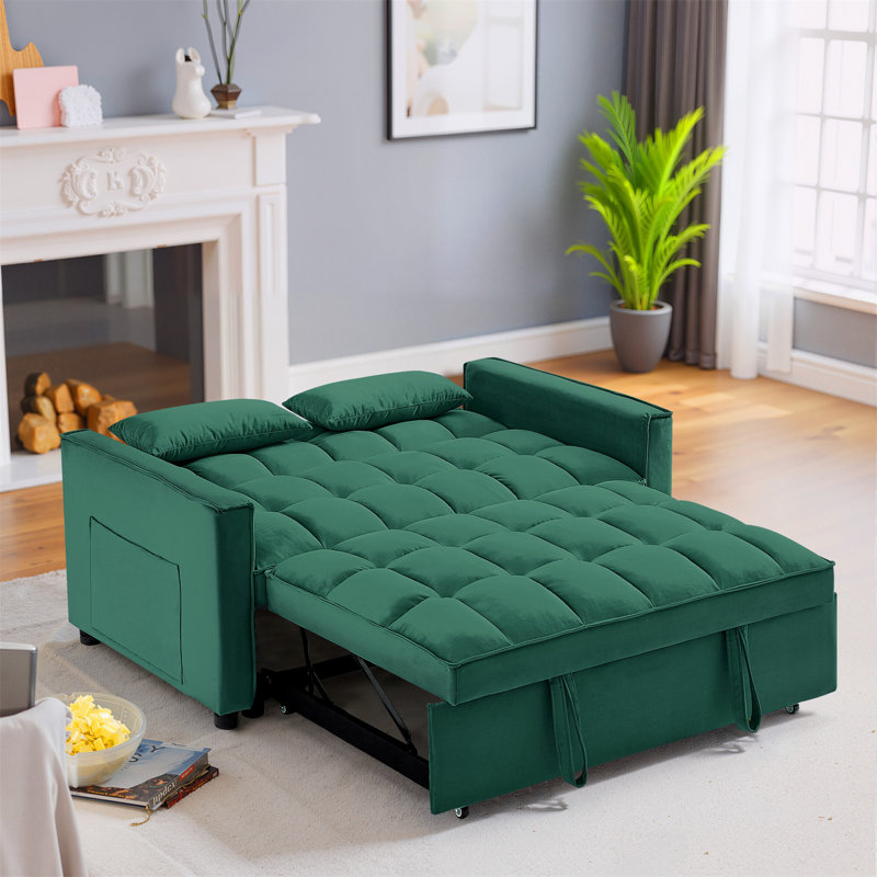 Montevia 3 in 1 Convertible Sleeper Sofa Bed, Velvet Futon Couches, Chaise Lounge for Living Room with Side Pocket