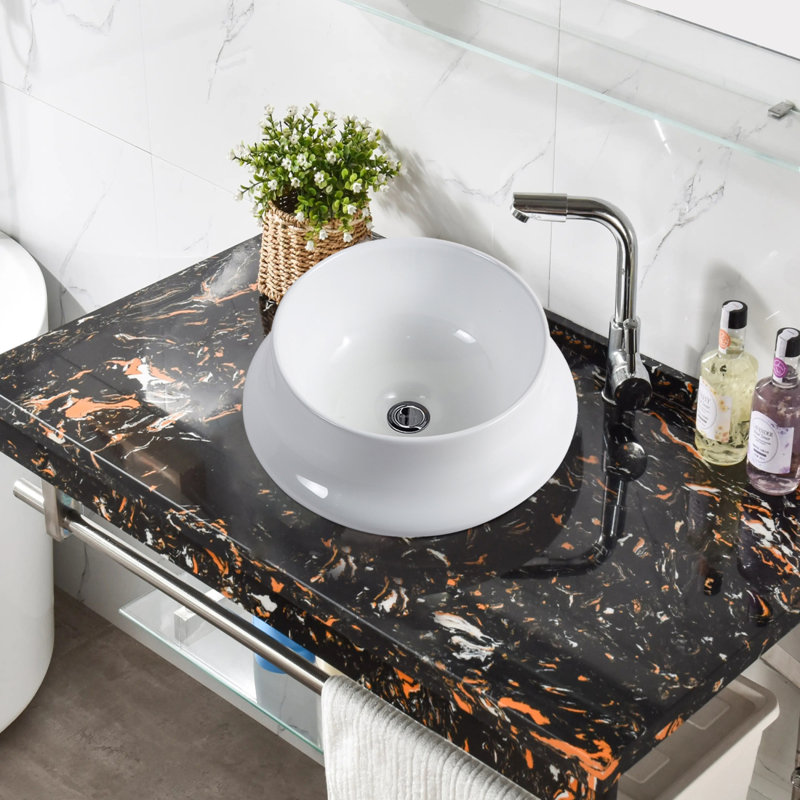 Lavabo de salle de bain vasque circulaire blanc en céramique 14,17 po Orren Ellis