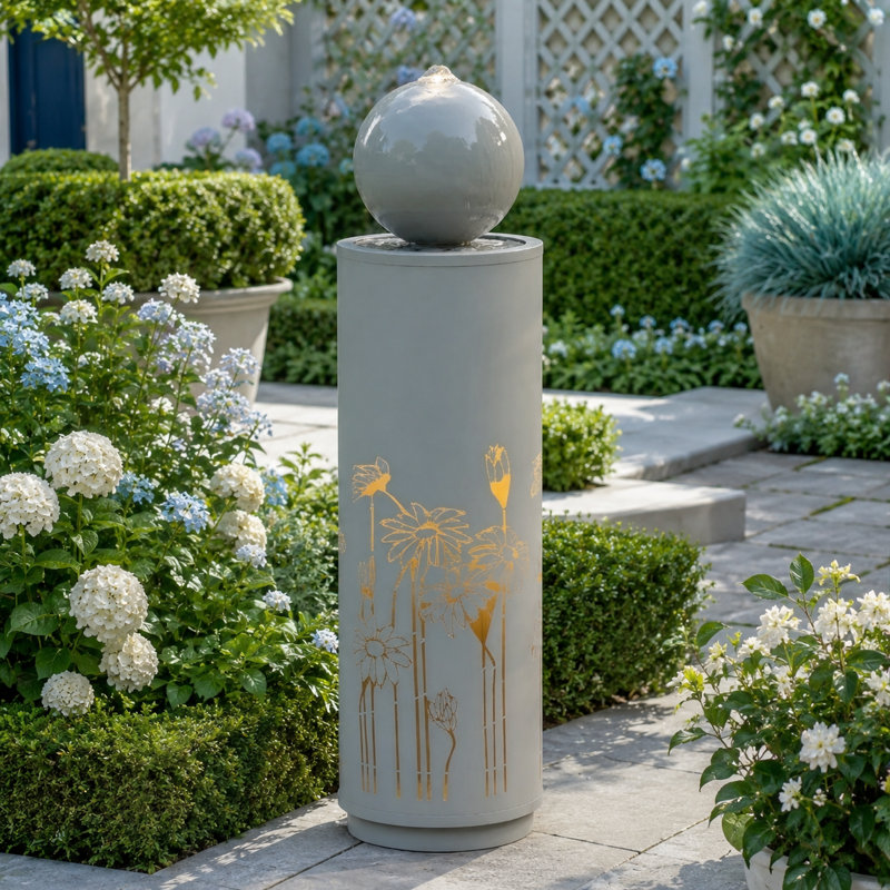 Fontaine de jardin en métal gris clair avec plateau sphérique lumineux et découpe florale