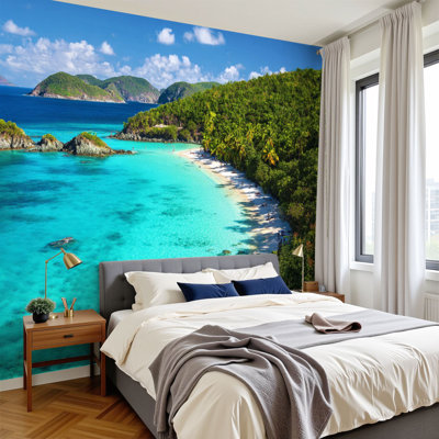 Peel and Stick papier peint panoramique plage Trunk Bay, peintures murales H 100 po x l 144 po, papier peint amovible en PVC, peintures murales auto-adhésives, décoration pour chambre d'enfant, salon, chambre de bébé, bureau