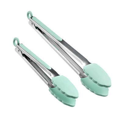 Ensemble de pinces de cuisine 9 et 12 pouces pour restaurant, 1 pince à vaisselle lavable - tête en silicone festonnée, poignée avec repose-pouce, pinces en acier inoxydable sarcelle pour la cuisson, serrure facile à tirer