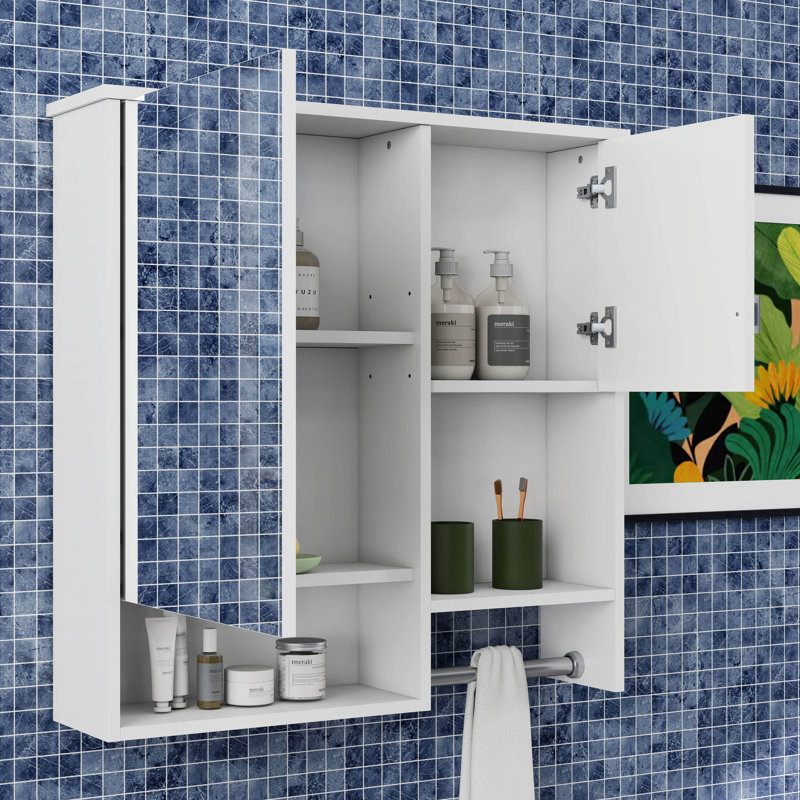 Pharmacie de salle de bain avec miroir 29 po x 28 po, armoire de rangement murale avec porte, tablette réglable et barre à serviettes