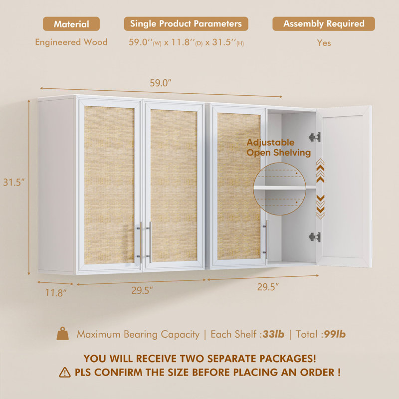 Wall Mounted Cabinet with Rattan Doors