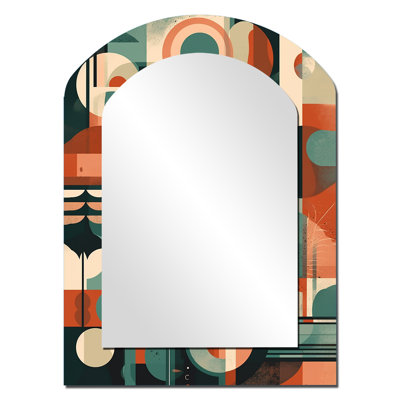 Mid Century Artistic Transformations II - Midcentury Modern Arch Large Wall Mirror, Orange Asymmetrical Decorative Mirror, Printed Metal Art