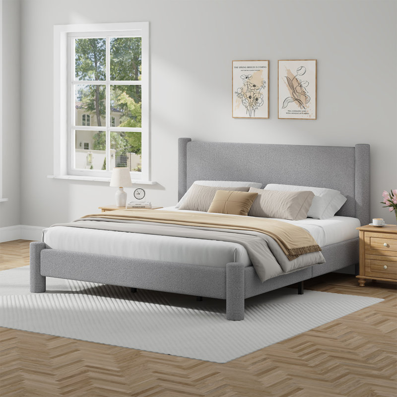 Lit plateforme tapissier Boucle, Gris, Très grand lit
