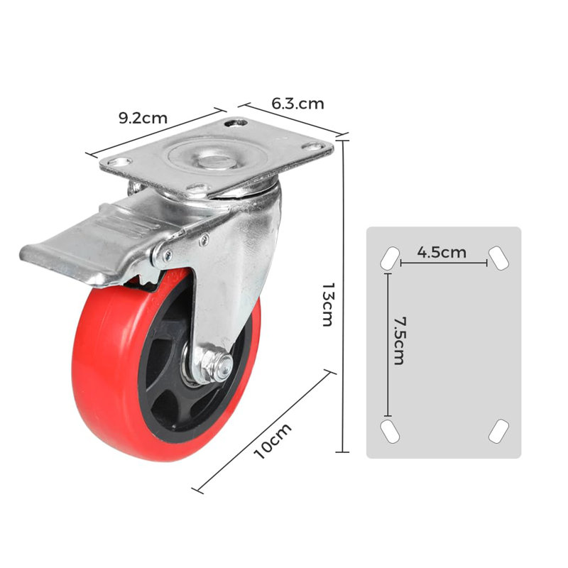 Set Of 4 Heavy Duty 100Mm Swivel Castor Wheels With 2 Brakes – 700KG Load Capacity, 360° Rubber Trolley Casters For Furniture & Industrial Use | Red