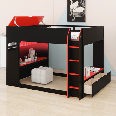 Lit mezzanine en bois avec bureau réglable en hauteur, tiroirs, compartiments de rangement, tringle et lumières RVB