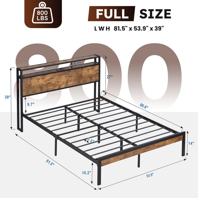 [Lit double / grand / très grand] Structure de lit plateforme en métal avec tête et pied de lit en bois - ports USB, aucun sommier nécessaire, rangement sous le lit de 10 po, capacité de 600 lb, assemblage facile (noir / brun)